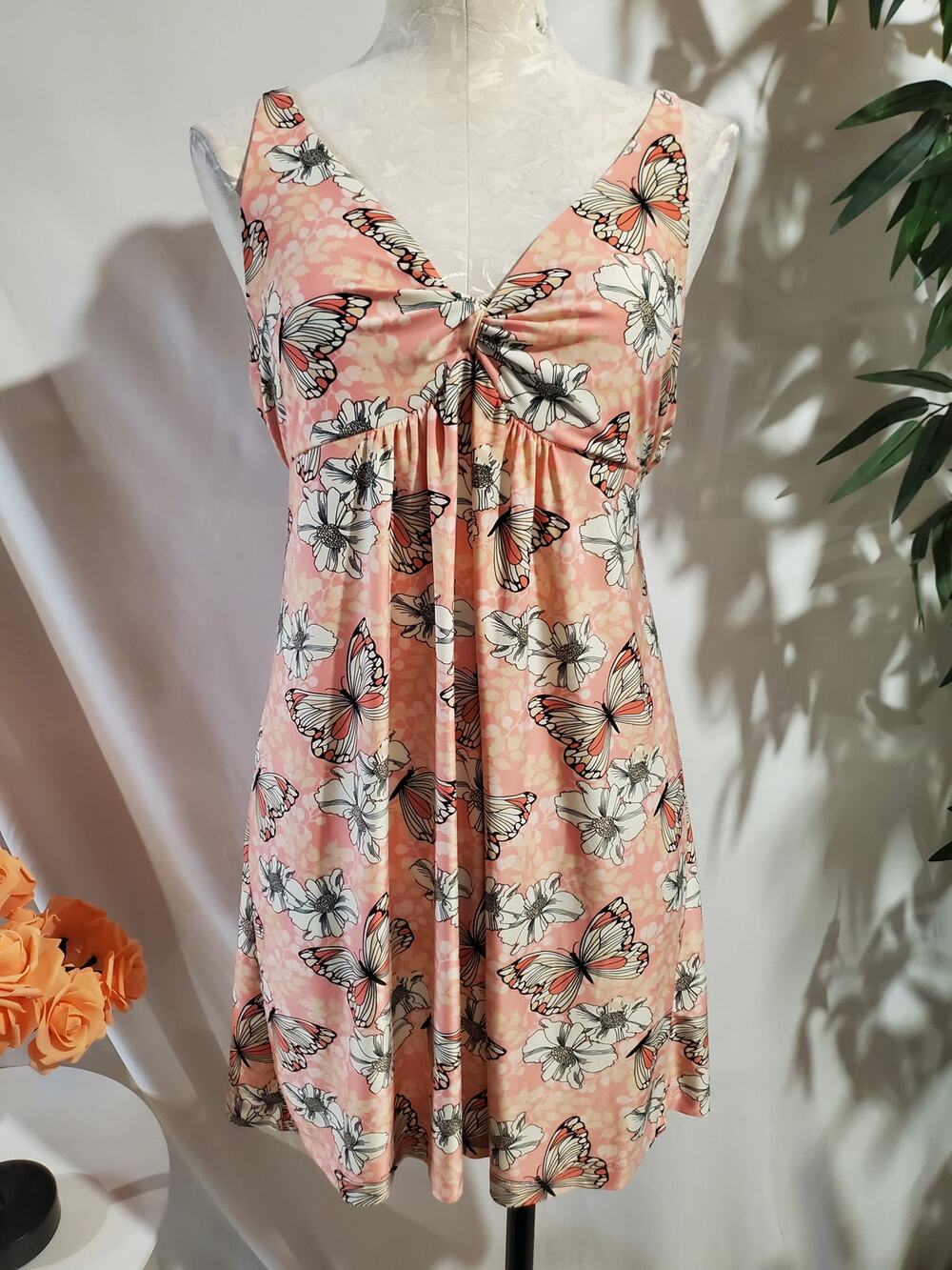 Ambrielle Butterfly Twist V-Neck Babydoll Dress Size L 90s Y2K Fairy Floral Pink